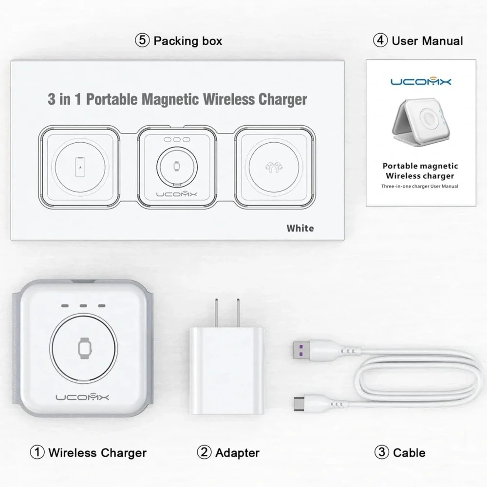 UCOMX Nano 3 in 1 Wireless Charger for iPhone, Magnetic 3 in 1 New White